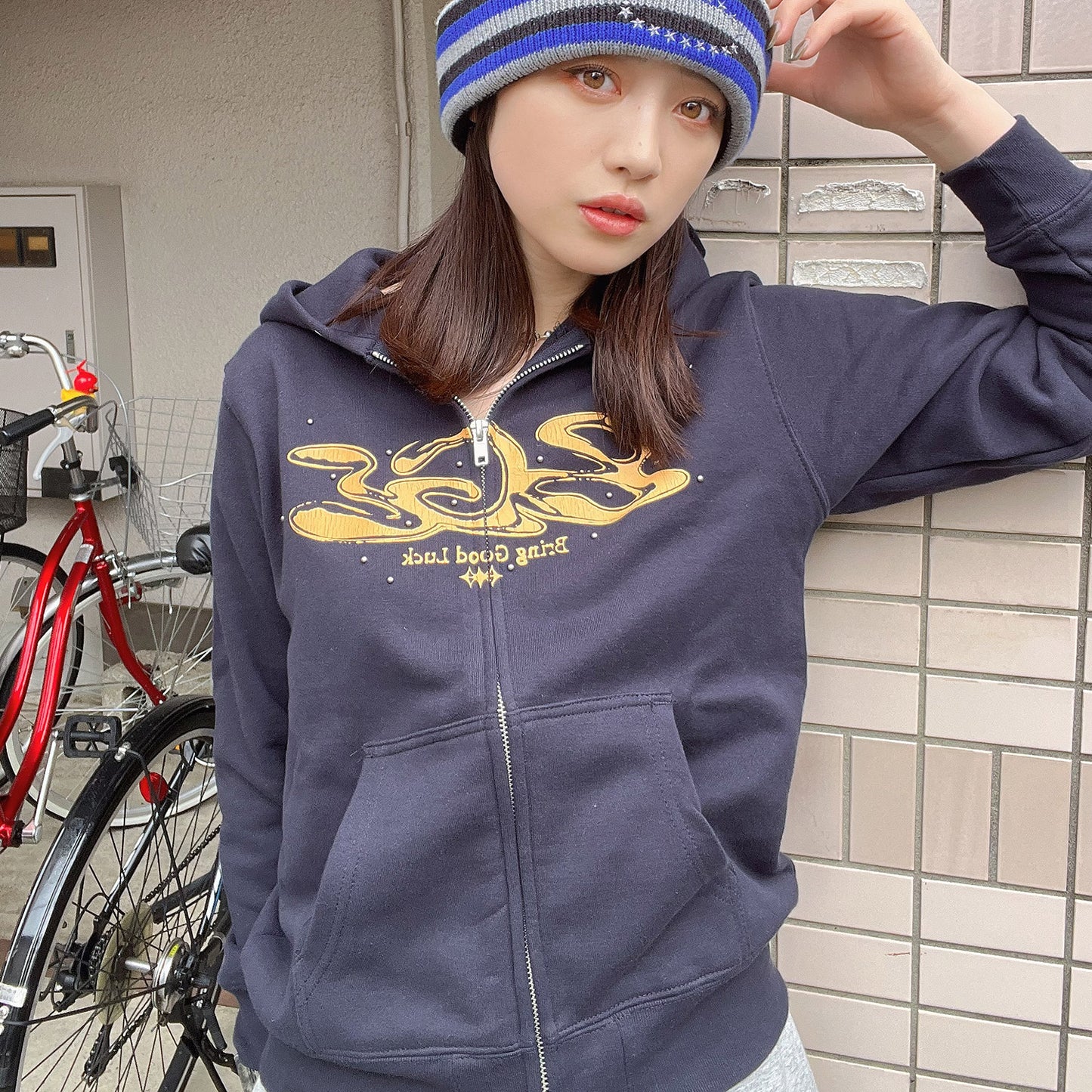 CRACK LOGO ZIP PARKA -NAVY-
