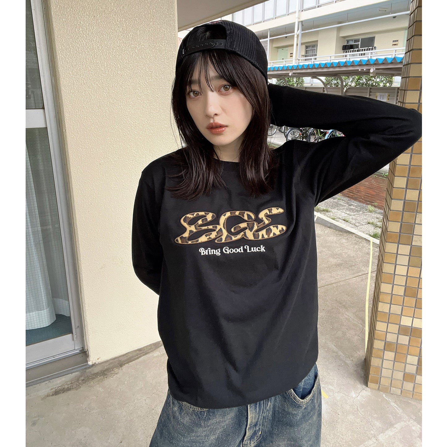 LEOPARD LOGO LS TEE -BLACK-