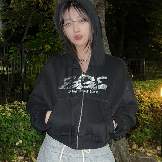 METALLIC LOGO ZIP PARKA -BLACK-