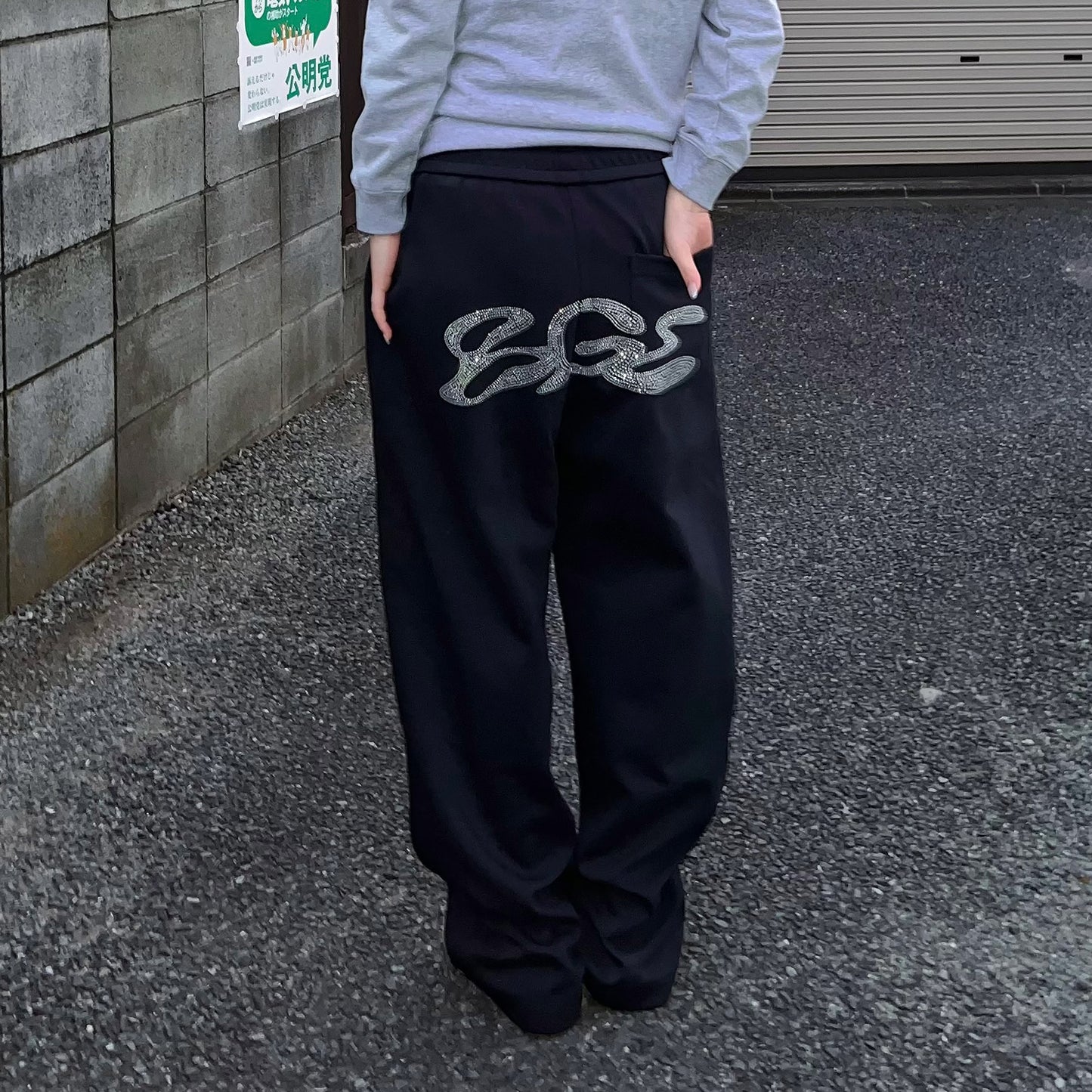 RHINESTONE SWEAT PANTS -BLACK-