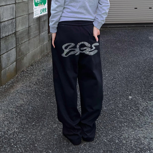 RHINESTONE SWEAT PANTS -BLACK-