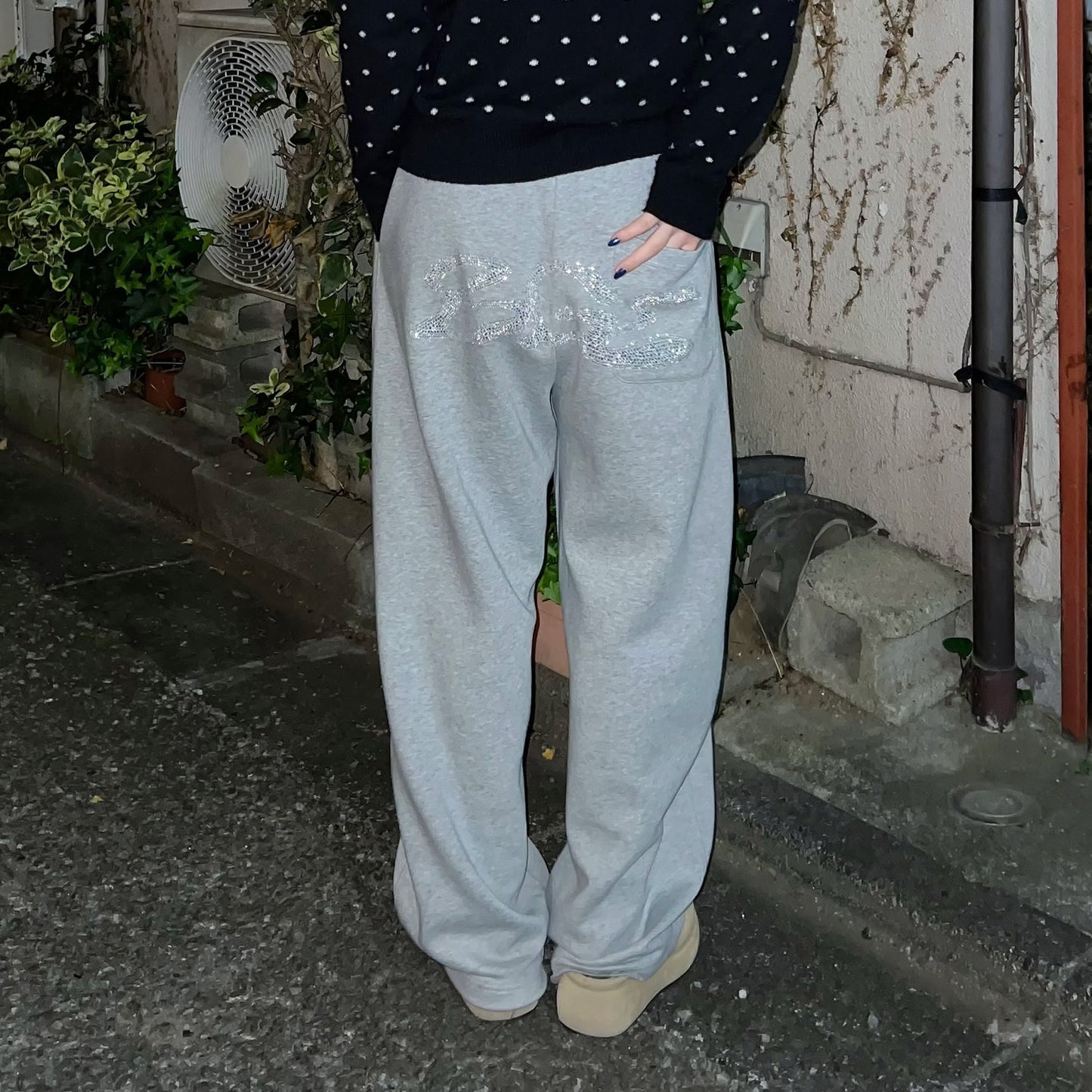 RHINESTONE SWEAT PANTS -GREY-