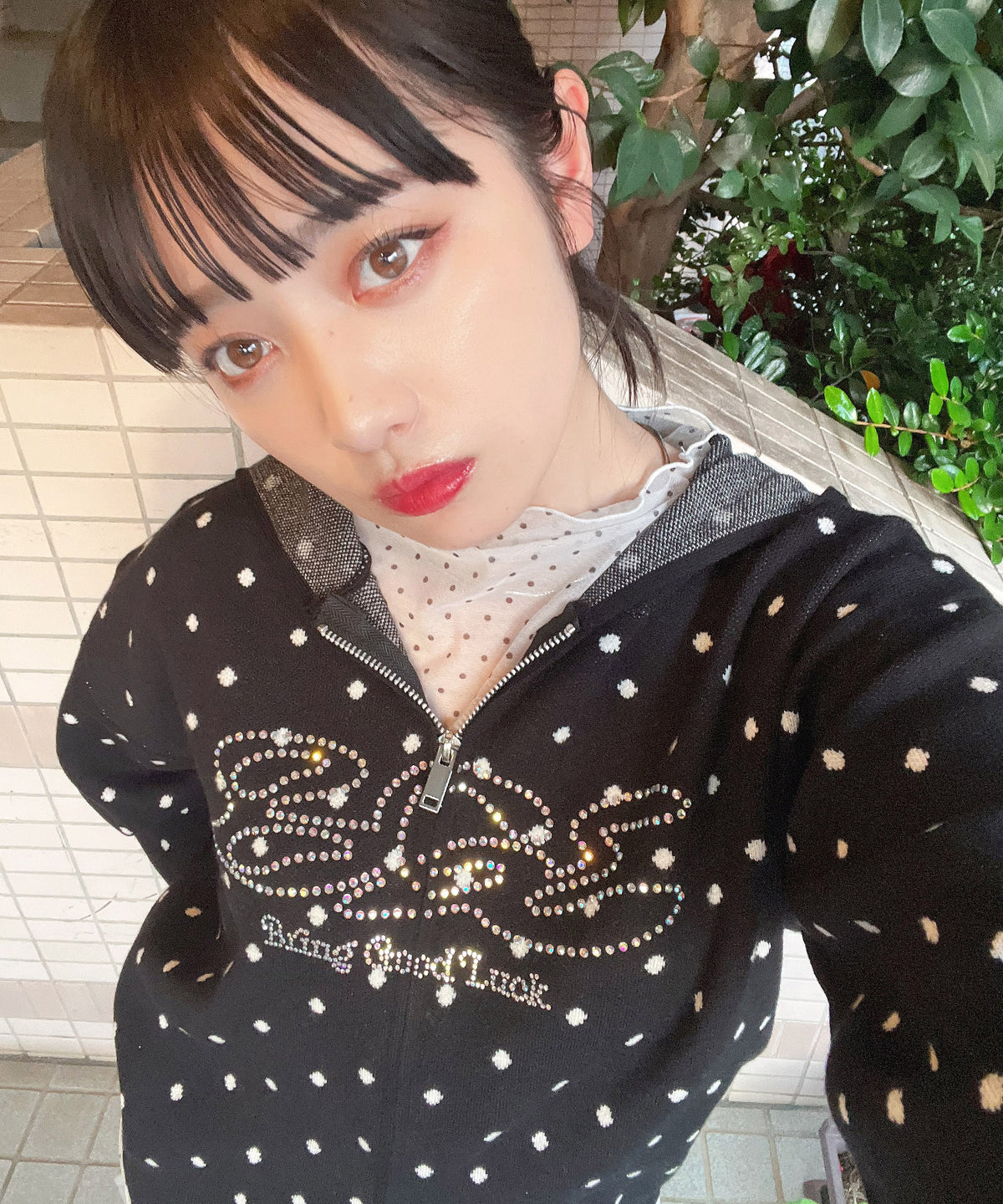 DOT KNIT ZIP PARKA -BLACK-