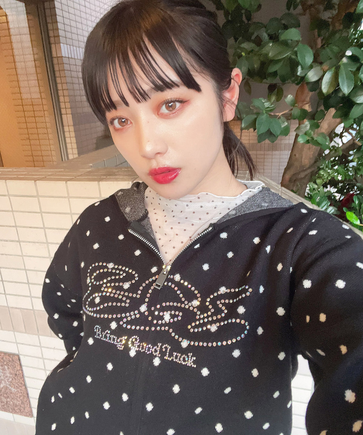 DOT KNIT ZIP PARKA -BLACK-
