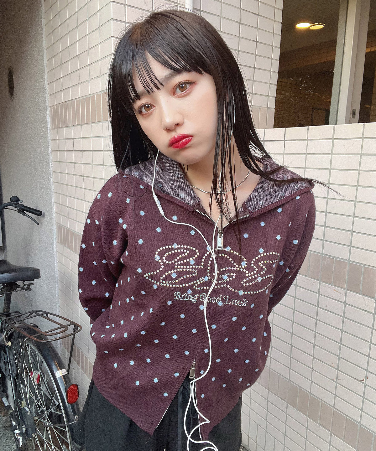 DOT KNIT ZIP PARKA -MAROON-