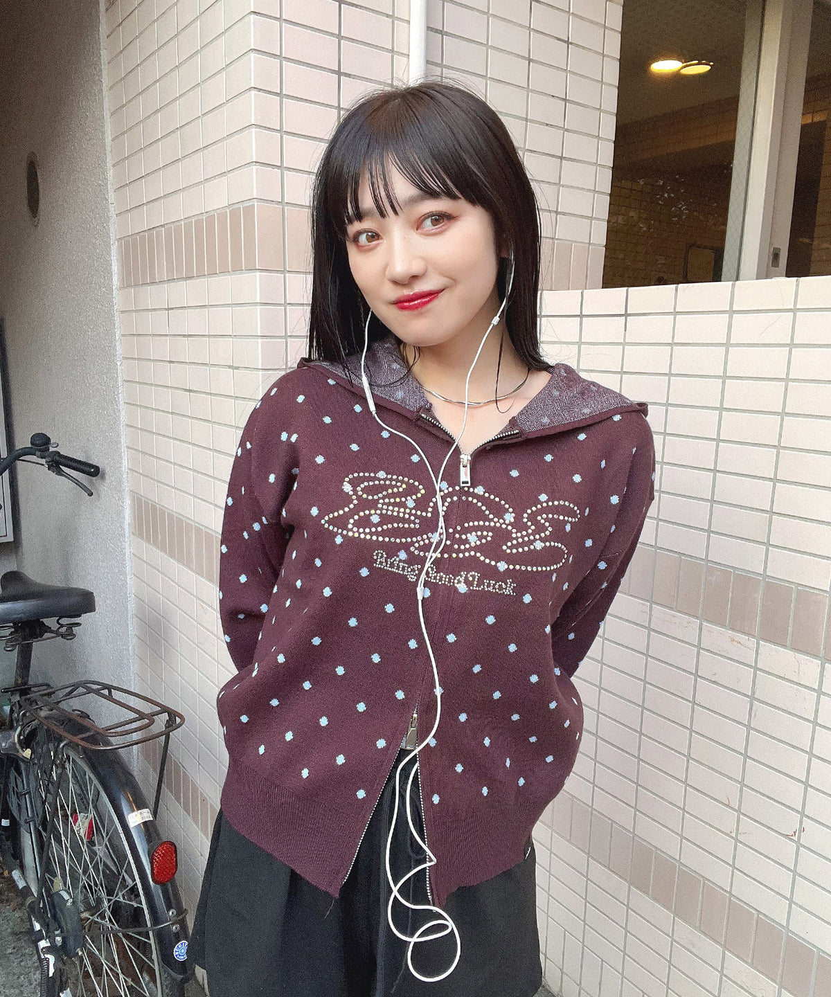 DOT KNIT ZIP PARKA -MAROON-