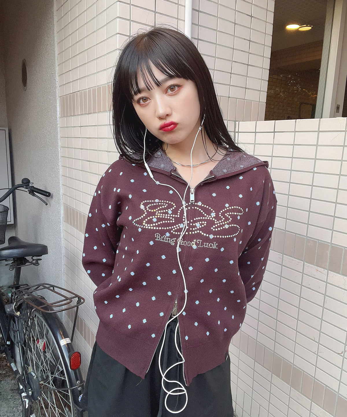 DOT KNIT ZIP PARKA -MAROON-