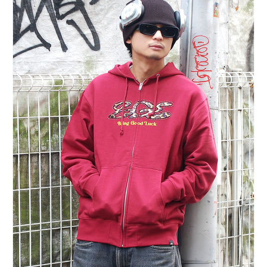 LEOPARD STUDS ZIP PARKA -BURGUNDY-