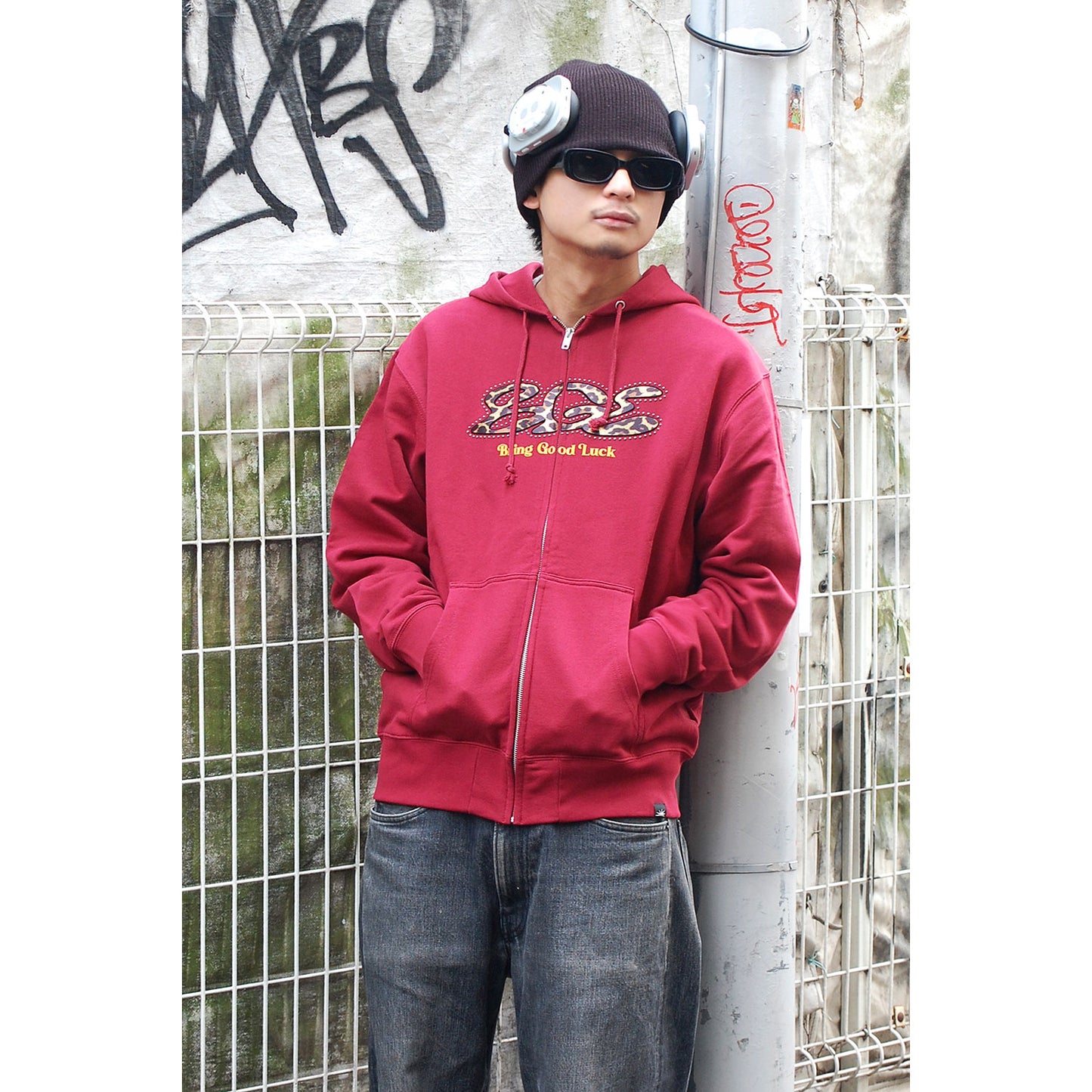 LEOPARD STUDS ZIP PARKA -BURGUNDY-