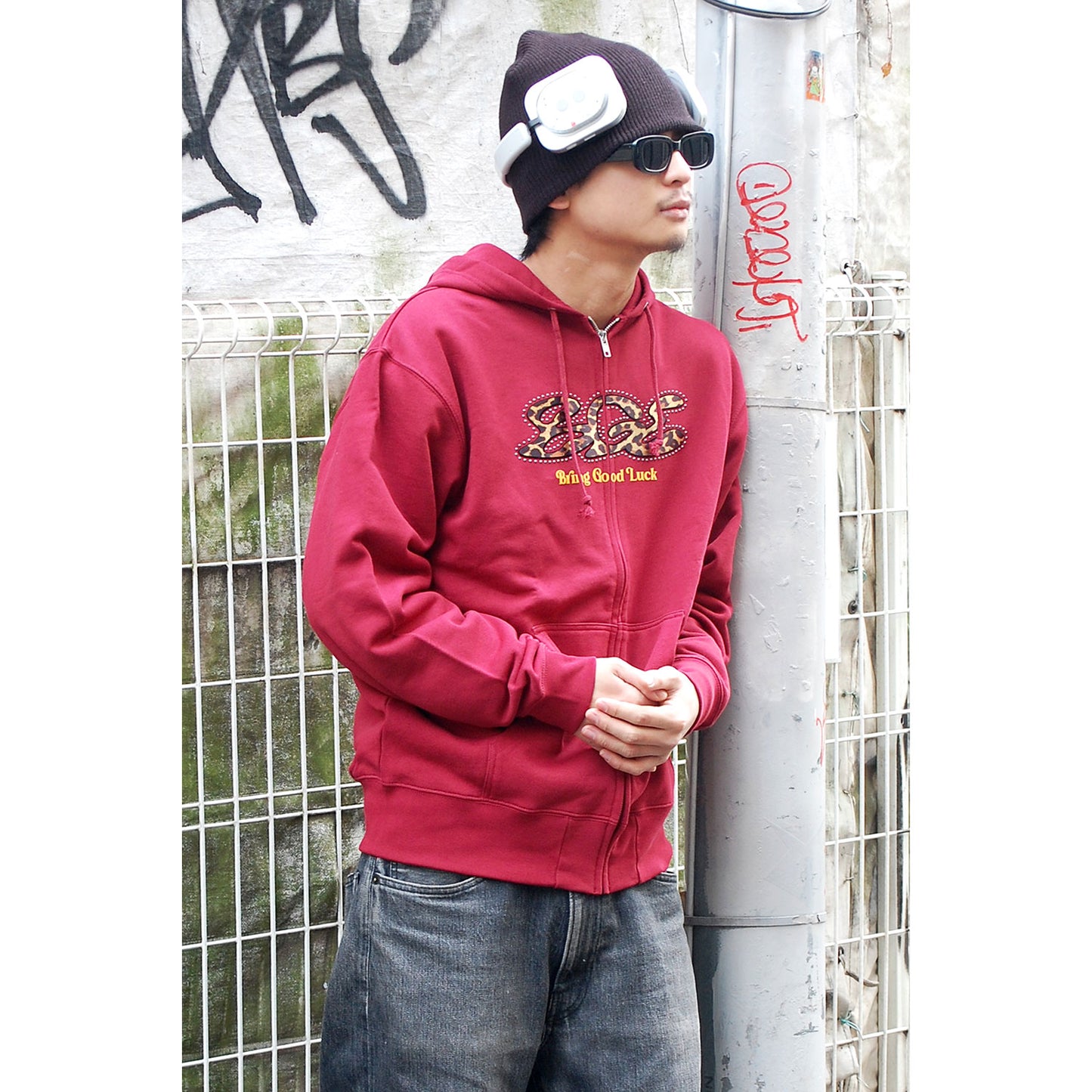 LEOPARD STUDS ZIP PARKA -BURGUNDY-