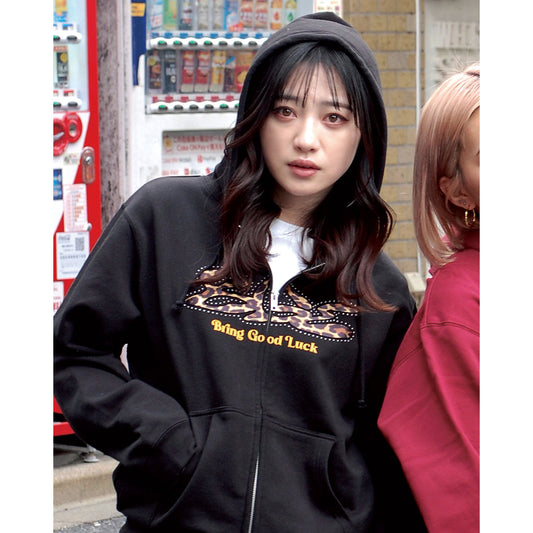 LEOPARD STUDS ZIP PARKA -BLACK-